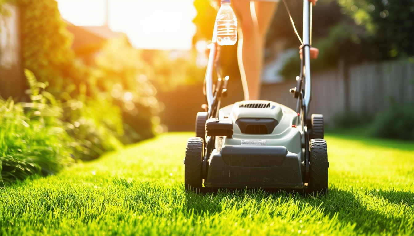 A person mowing a lush green lawn on a sunny day