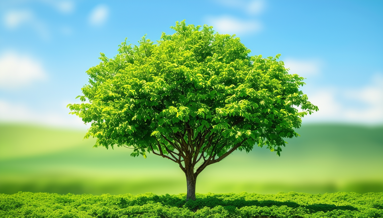 A vibrant, healthy tree with lush green leaves, sy